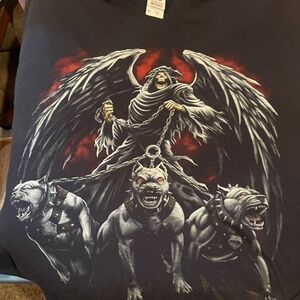 FRUIT OF THE LOOM angel w/three dogs  men's black t-shirt size 2XL, gently worn